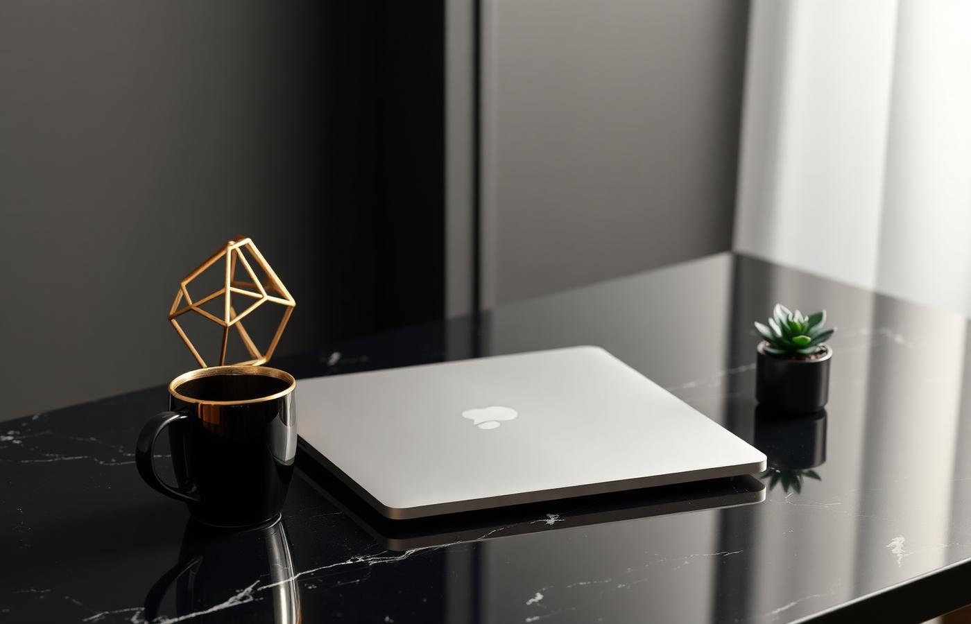 Laptop and coffee on a dark marble desk